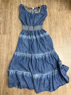 Lapis Anthropologie Blue Chambray Maxi Dress Boho Tiered Smocked Waist L Cotton